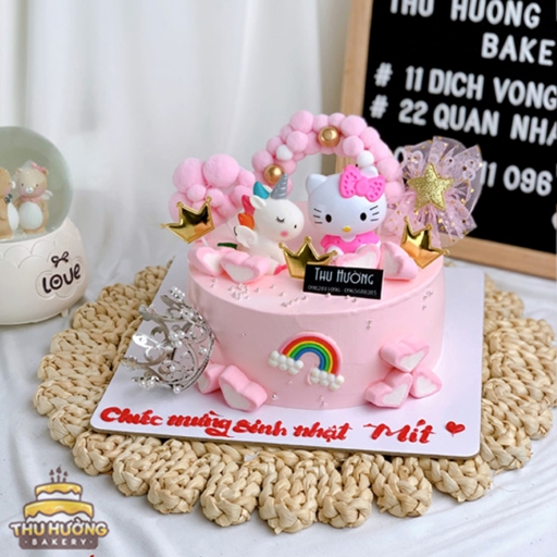 Bánh sinh nhật tone hồng trang trí Hello Kitty